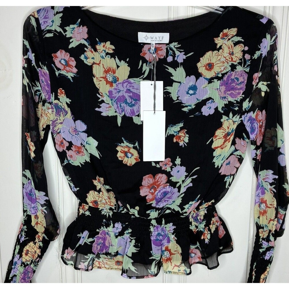 NWT Women’s Romantic Black Floral Top Size S Sheer Sleeve Peplum Shape Cottage